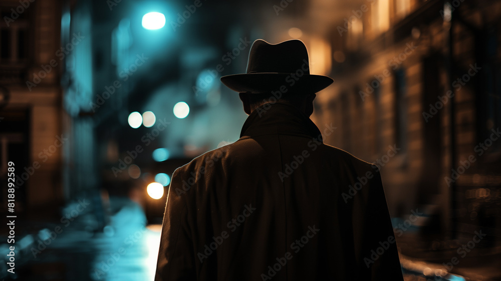 Back view Silhouette of male mafia detective wearing coat and hat on street during night Back view Silhouette of male mafia detective wearing coat and hat on street during night