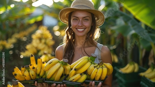 woman farmer holding raw bananas and picking produce in her banana plantation. Farmer Concept 