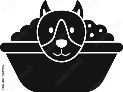 Simple black and white icon of a dog bowl filled with food featuring a cute dog face