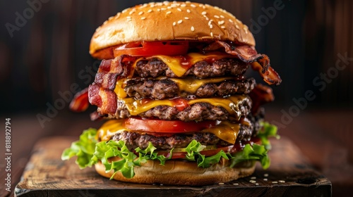 Ultimate bacon cheeseburger stacked with crispy bacon, melted cheese, lettuce, and tomato