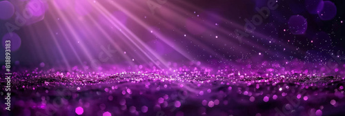 abstract purple background with particles, glitter and bokeh lights, glowing light rays on dark background, 