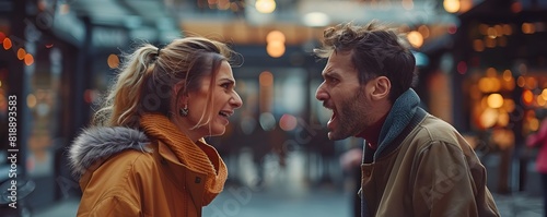 Passionate Couple Engaged in Heated Public Debate Exploring Nuances of Human Emotion and Relationship Dynamics photo