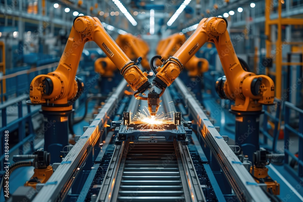 Automotive Robotics Welding Robots performing welding tasks on automotive components during manufacturing Automotive Robotics Welding Robots performing welding tasks on automotive components during manufacturing