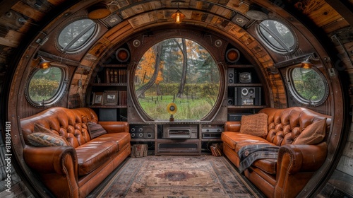 Panoramic view of the entertainment area inside an aircraft fuselage house, with a home theater system installed in the cargo