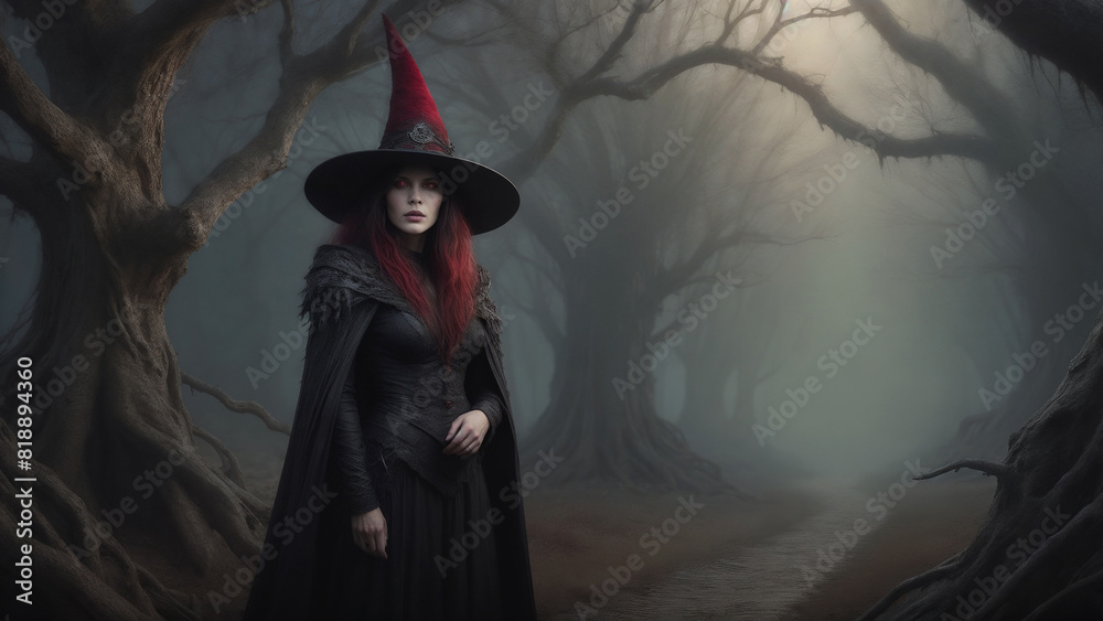 Witch. A woman with red eyes is wearing a witch costume against the background of a forest. Witch. A woman with red eyes is wearing a witch costume against the background of a forest.
