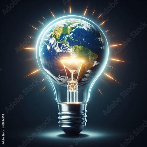 A creative light bulb with the Earth as the filament highlights global ideas on a radiant backdrop.. AI Generation