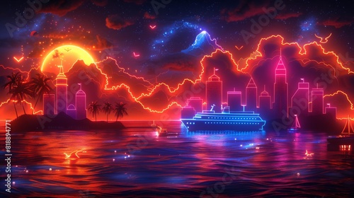 Produce a neon set of cruise symbols, including shimmering cruise photo