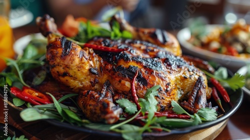 Whole grilled chicken served with fresh herbs and spicy sauce on a platter