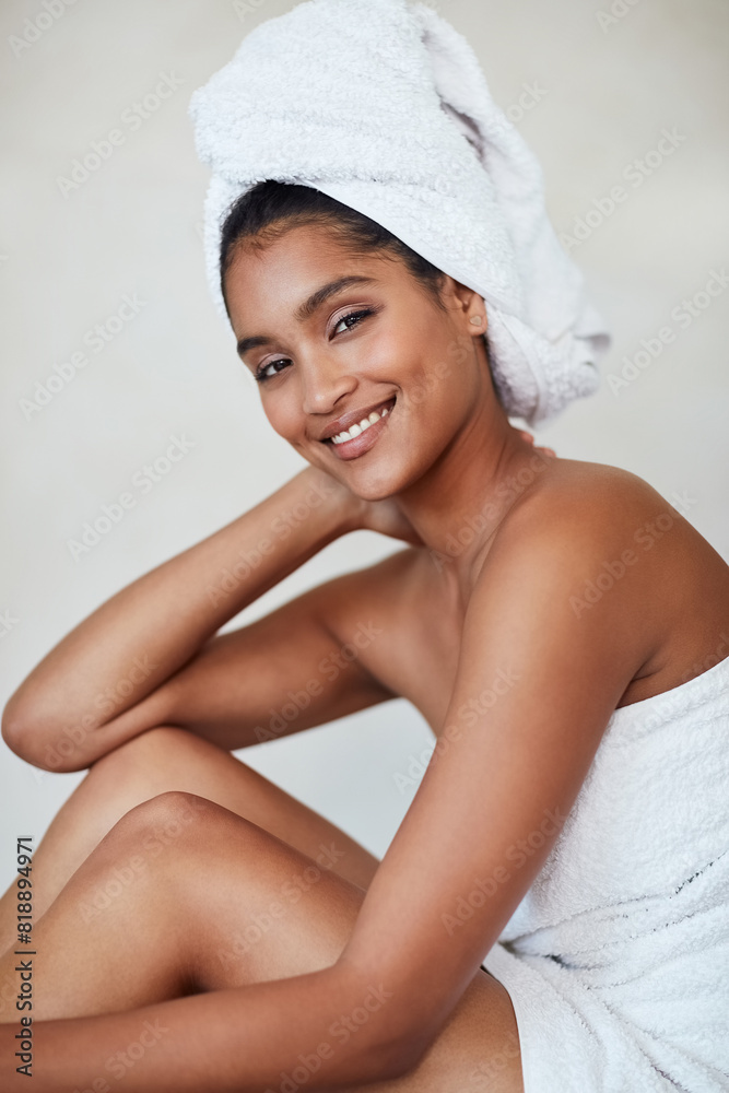 Spa, woman and portrait with towel skincare, beauty and cosmetics for glow, healthy and wellbeing. Female person, relax and pride for natural face, makeup and dermatology on background in studio Spa, woman and portrait with towel skincare, beauty and cosmetics for glow, healthy and wellbeing. Female person, relax and pride for natural face, makeup and dermatology on background in studio
