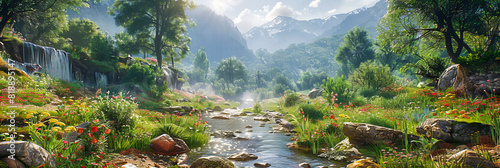 Tranquil Mountain River Flowing Through a Lush Forest, Sunlight Illuminating the Vibrant Natural Scene