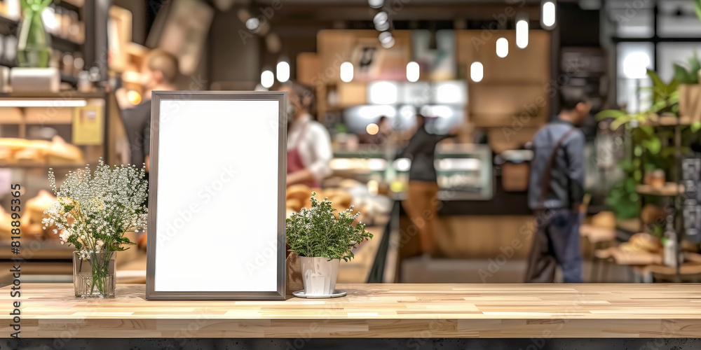 A blank white billboard poster stand on the counter of a bakery with people in background A blank white billboard poster stand on the counter of a bakery with people in background