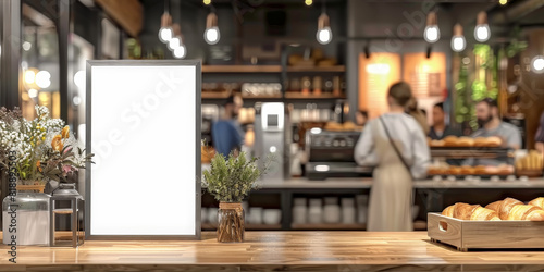 A blank white billboard poster stand on the counter of a  bakery with people in background  © Planetz