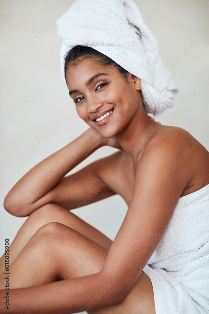 Beauty, woman and portrait in skincare, spa and cosmetics for glow, healthy and wellbeing. Female person, relax and pride for natural face, makeup and dermatology with towel on background in studio Beauty, woman and portrait in skincare, spa and cosmetics for glow, healthy and wellbeing. Female person, relax and pride for natural face, makeup and dermatology with towel on background in studio