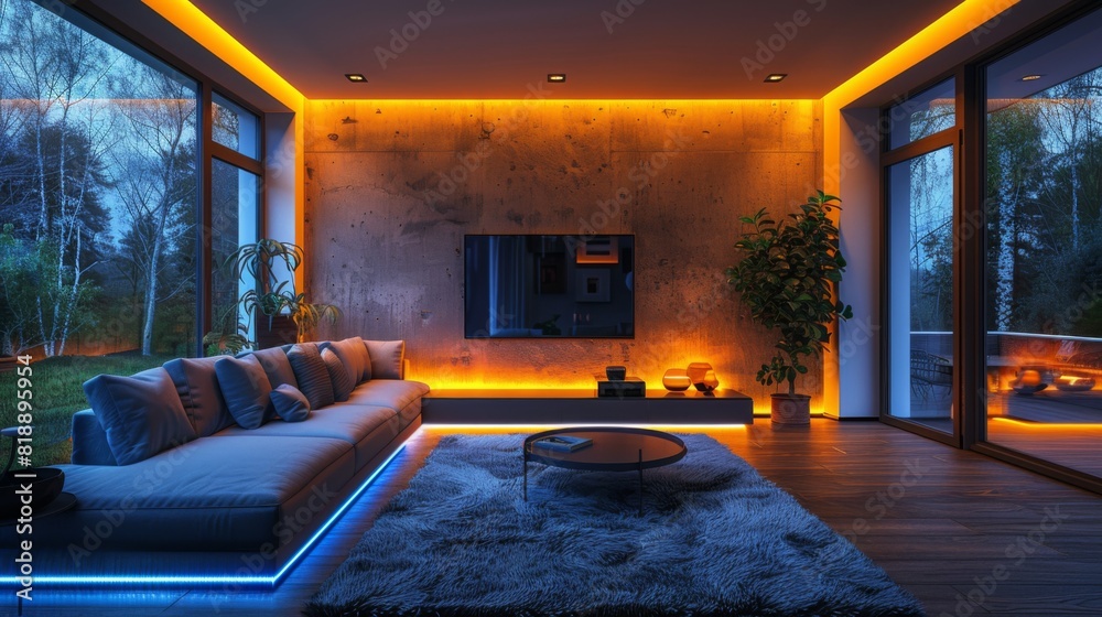 Transform your living room into a stylish nighttime haven with a sectional sofa, a sleek TV stand, and LED strips Transform your living room into a stylish nighttime haven with a sectional sofa, a sleek TV stand, and LED strips