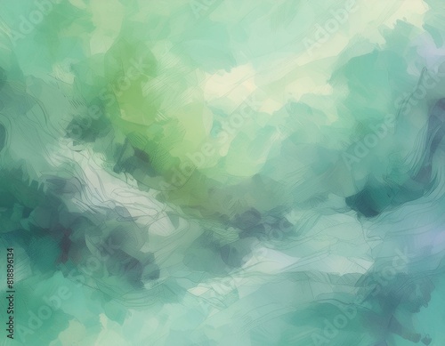 Abstract watercolor drawing featuring a palette of pale gray, blue, and green hues, with a dominant sage green color. Ideal art background for design purposes, showcasing elements of water and grunge photo