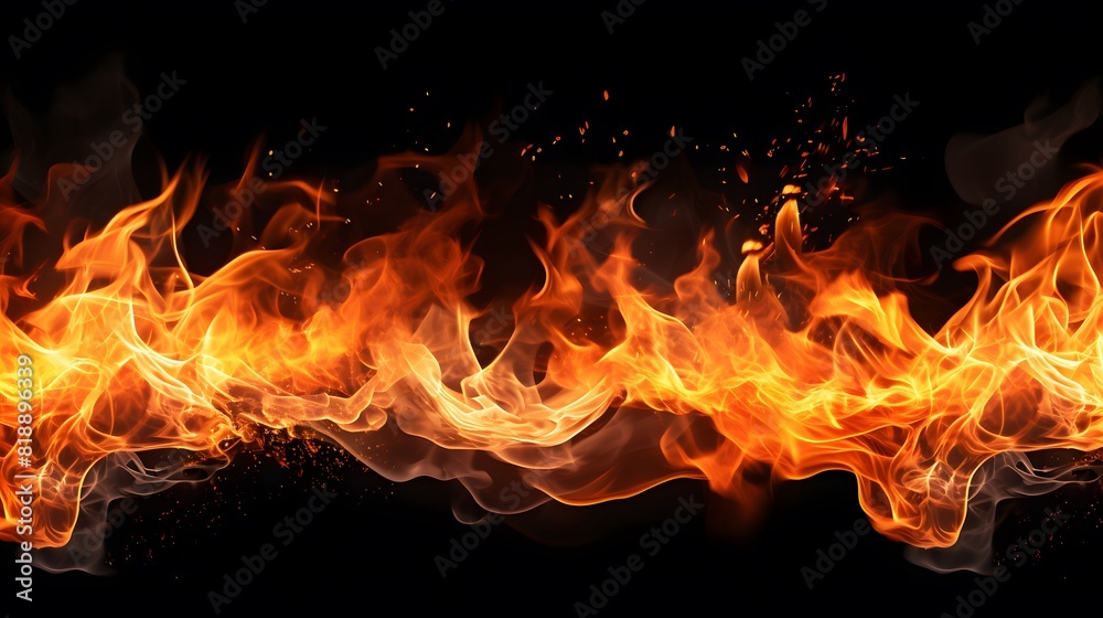 Fire flames texture on black background. Generative AI. Fire flames texture on black background. Generative AI.
