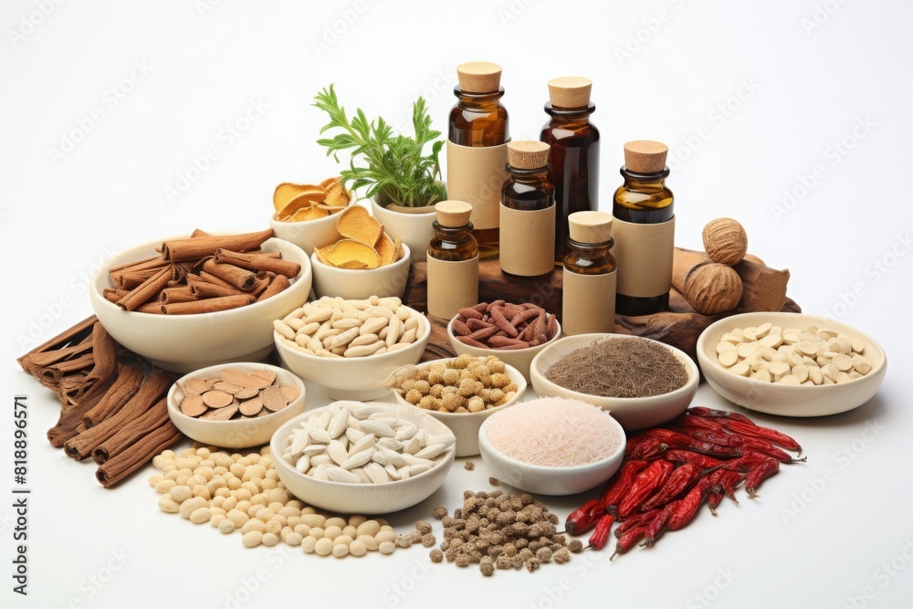 An assortment of traditional Chinese herbal medicine. on the left side. on a white background. An assortment of traditional Chinese herbal medicine. on the left side. on a white background.