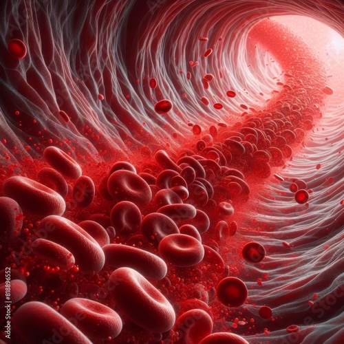 Close-up 3D illustration of red blood cells flowing in a dynamic, swirling pattern through a vein-like tunnel.. AI Generation