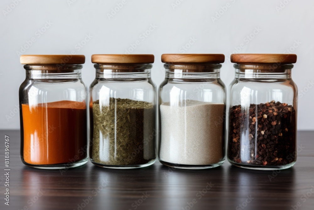 4 empty glass jars for storing spices. on a wooden table. on a light gray background. 4 empty glass jars for storing spices. on a wooden table. on a light gray background.