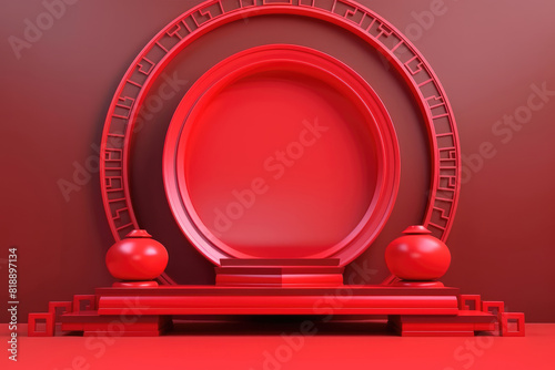 minimal red chinese cultural stage space for present product in marketing advertisement