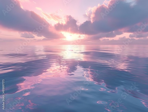 A calm ocean surface at dawn  the skys pastel colors softly mirrored by the water