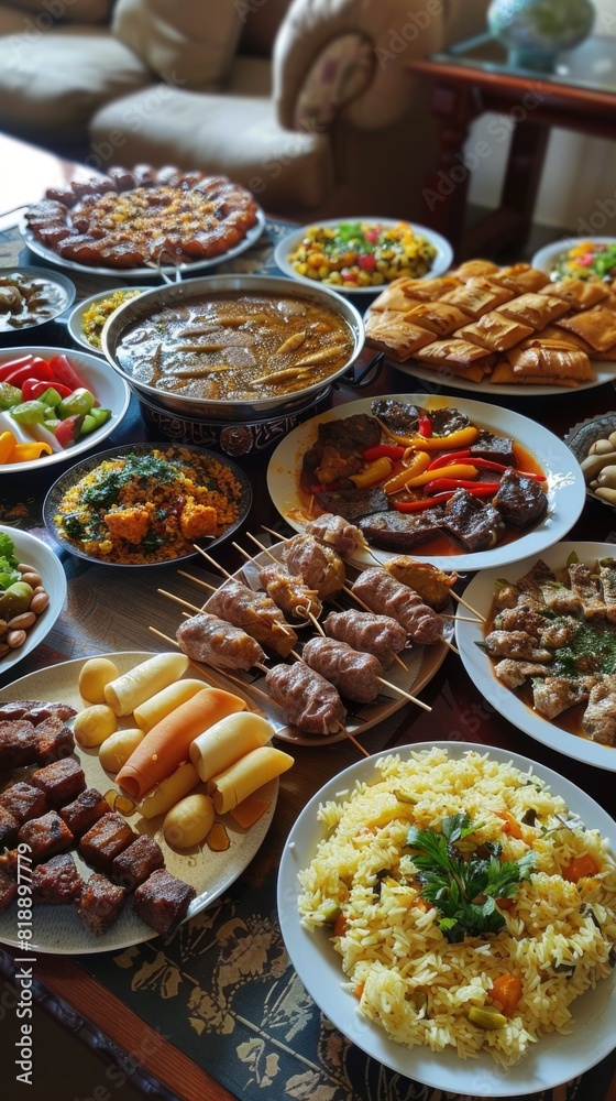 Many plates of food on a table with a couch, arabic traditional meal