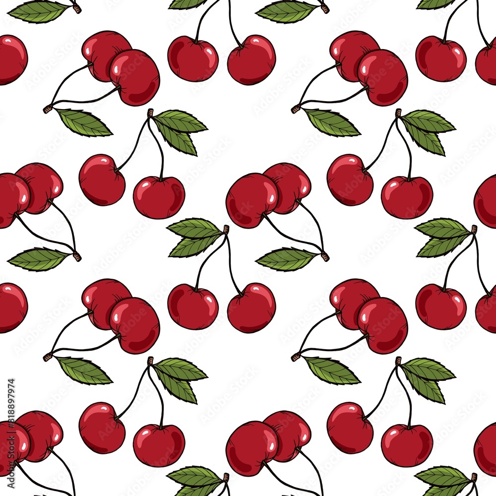 Seamless pattern of a twig of ripe cherry with a leaf on a white background Seamless pattern of a twig of ripe cherry with a leaf on a white background