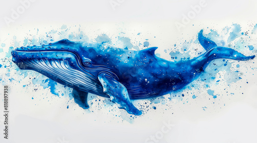 Whale is a fish, an ocean animal, bright, blue. Watercolor illustration.