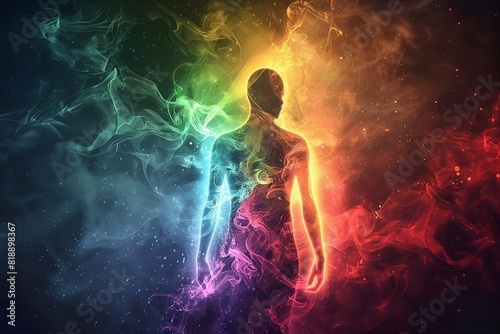 colorful  powerful human illumination emitting from the human body  representing the power and the knowledge of humans  aura