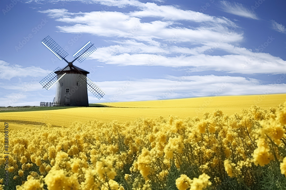 A traditional windmill stands in a field of bright yellow flowers under a clear blue sky with white clouds