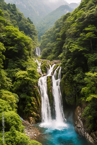 A scenic waterfall cascades amidst lush greenery, creating a serene and natural landscape © larrui