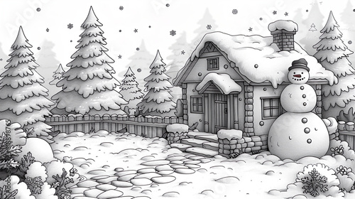 black and white illustration of a cottage in the forest, coloring book for children