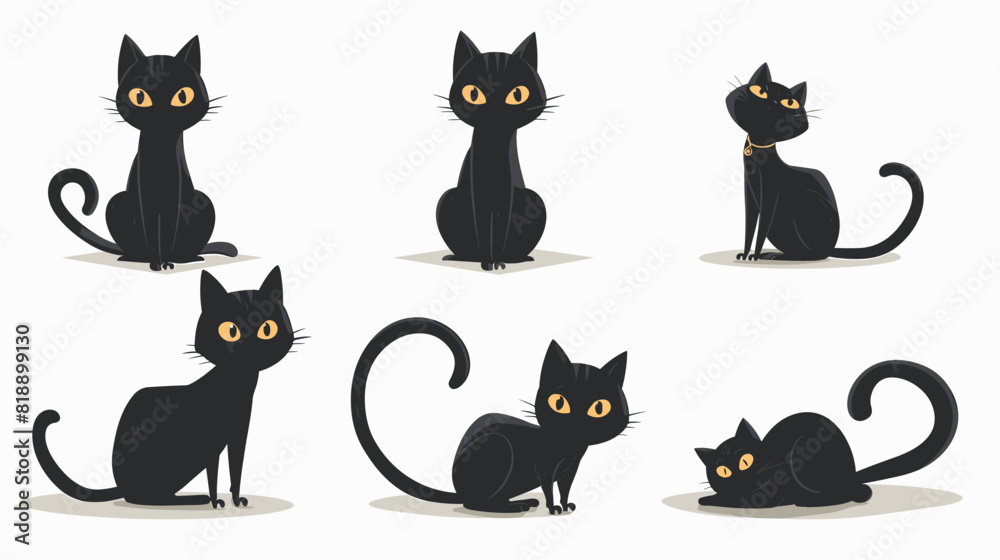 Adorable Black Cat Collection: Five Cute Domestic Cats in Various Poses Isolated on White Background