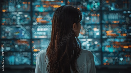 The woman explains dynamic market data calculated analysis big data business using VR innovation interface digital infographic network technology visual hologram animation at the server.