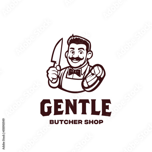 Vintage Classic Gentleman Butcher Hold Knife And Beef Logo Design Vector Illustration