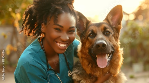 Young Veterinarian with Happy Dog photo