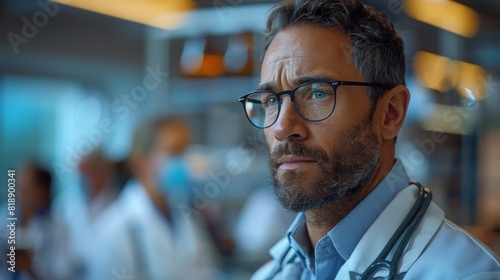 The doctor is wearing a lab coat and stethoscope while examining a hologram of the human organ. The researcher is looking and thinking about medical theory. The background is blurred. The patient is