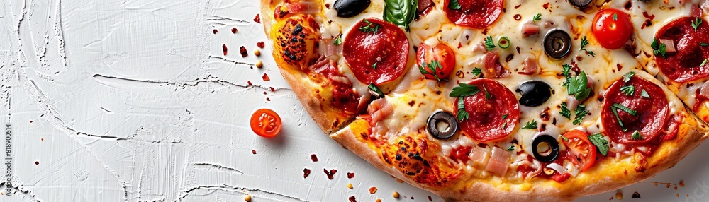 Detailed image of a deliciously baked pizza with various toppings, including pepperoni, olives, and cheese, isolated on white with ample copy space Detailed image of a deliciously baked pizza with various toppings, including pepperoni, olives, and cheese, isolated on white with ample copy space