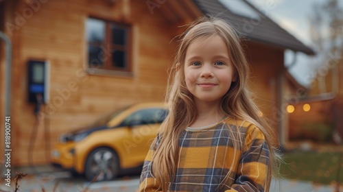 In this video, a young, happy girl plays an important role in helping her family recharge an electric vehicle from a home EV charging station. EV car and modern family concept. © DZMITRY