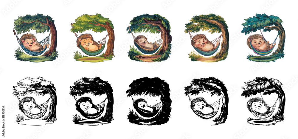 A happy hedgehog swings in a hammock under a big tree vector illustration. Generative AI
