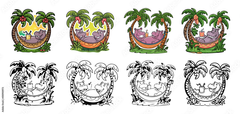 Naklejka premium A hippo relaxes in a hammock with a tropical drink, surrounded by palm trees vector illustration. Generative AI