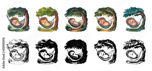 A happy hedgehog swings in a hammock under a big tree vector illustration. Generative AI