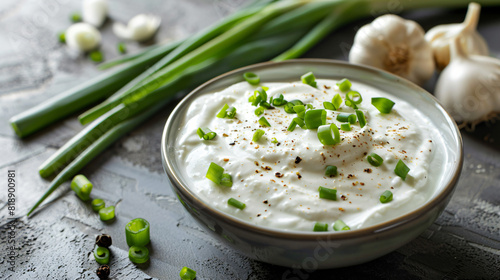 Bowl of tasty sour cream with sliced green onion 