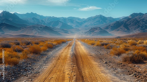 shows a natural landscape in the desert featuring tire tracks on a dirt road, framed by a blue sky and sparse vegetation photo