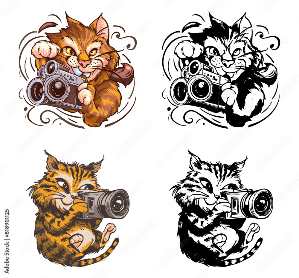Obraz premium Set of playful cats with cameras vector art