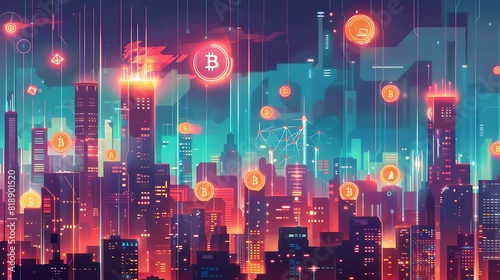 A futuristic cityscape with digital payment interfaces and blockchain symbols.