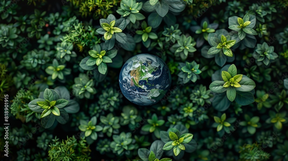 World Environment Day. Aerial top view green forest with globe earth World Environment Day. Aerial top view green forest with globe earth