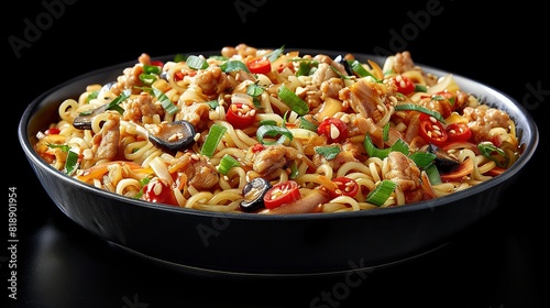  A close-up of a bowl of pasta with meat and vegetables on a black table against a dark background