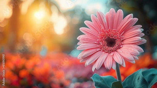   A close-up of a pink flower surrounded by a field of other flowers, with sunlight filtering through the tall tree trunks behind photo