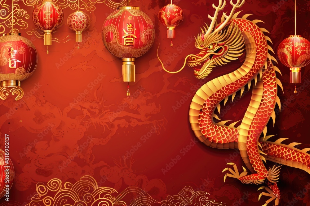 Obraz premium Chinese new year card with dragon ,lanterns and place for text